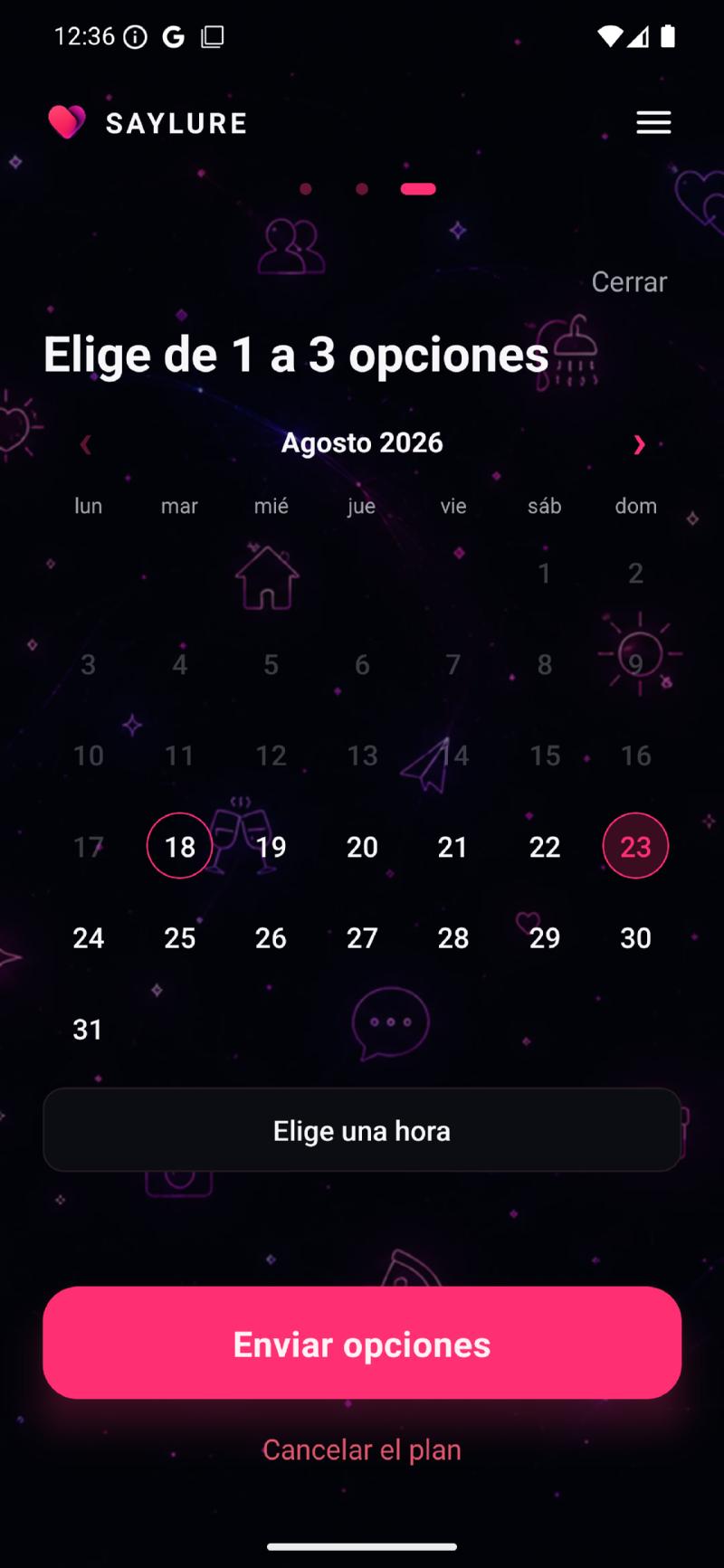 App SAYLURE: eligiendo fechas juntos en la planificación.